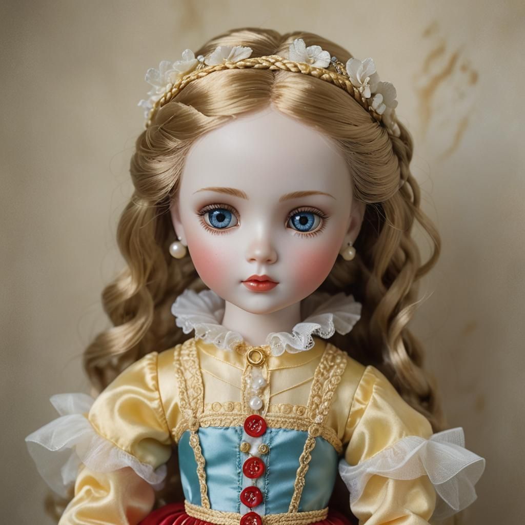 Braided Doll in Red Gown: Surrealist Art