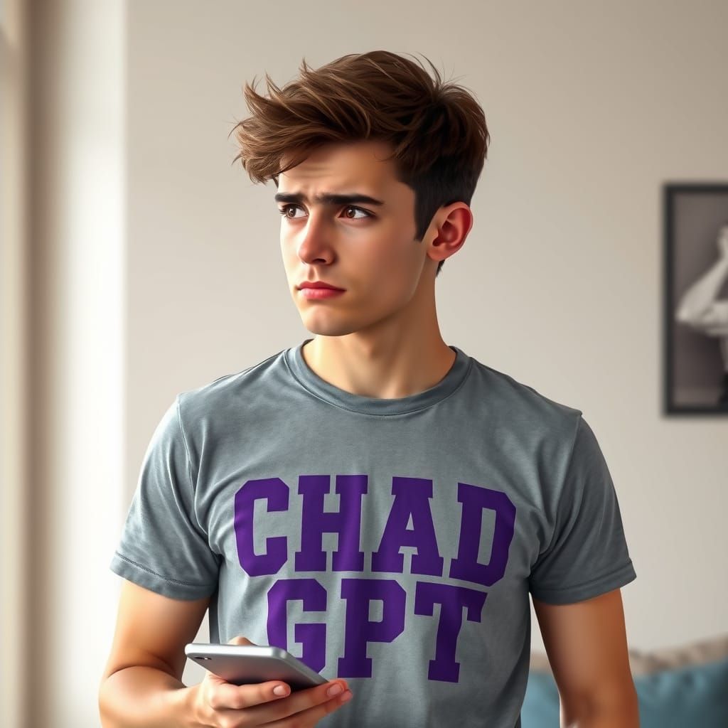 Young Man in Faded Gray T-Shirt Reflects on Smartphone in Ne...