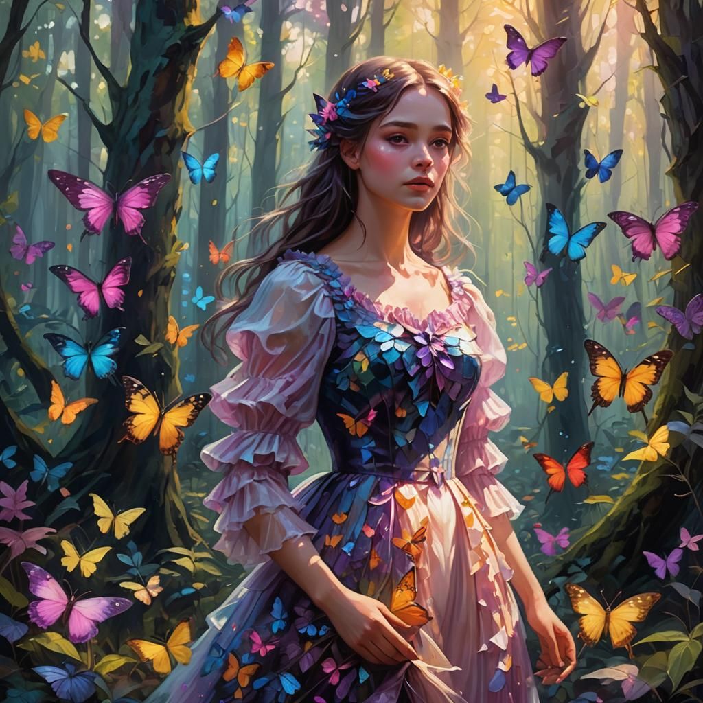 Mystical Forest Girl in Vibrant Oil Painting
