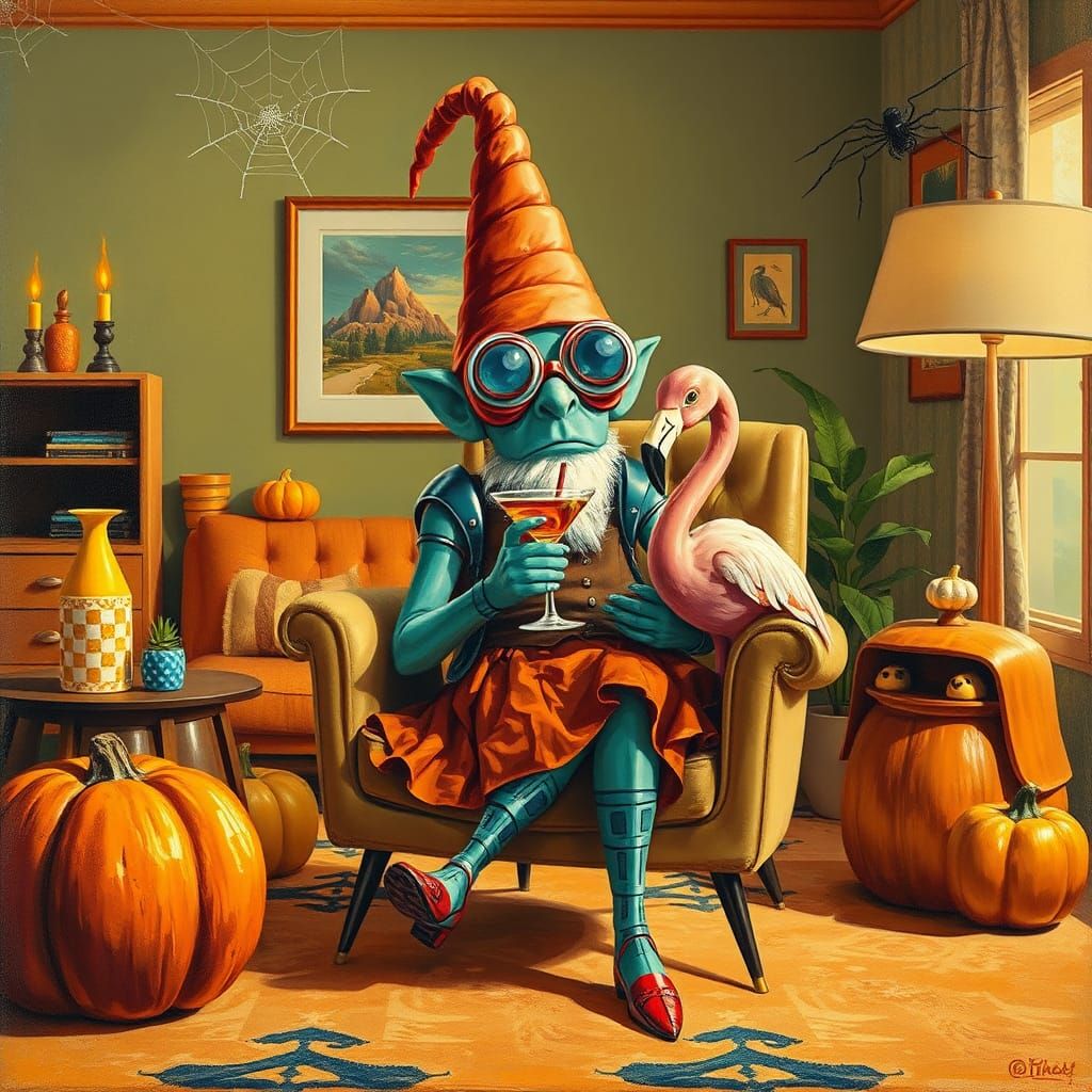 Mid-Century Gnome's Halloween Party: A Lowbrow Painting