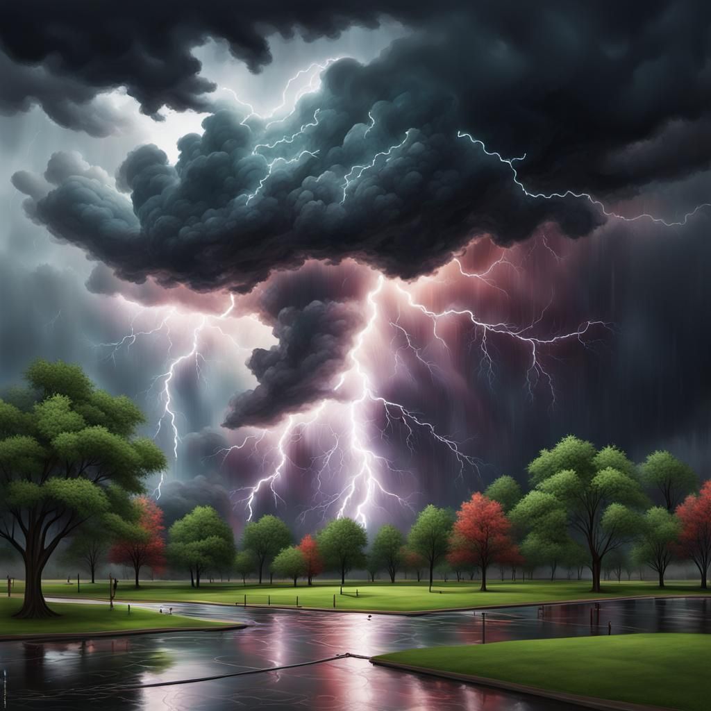 A park on a gloomy rainy day with dark stormy clouds and bold lightning strikes deep color beautiful ominous detailed la...