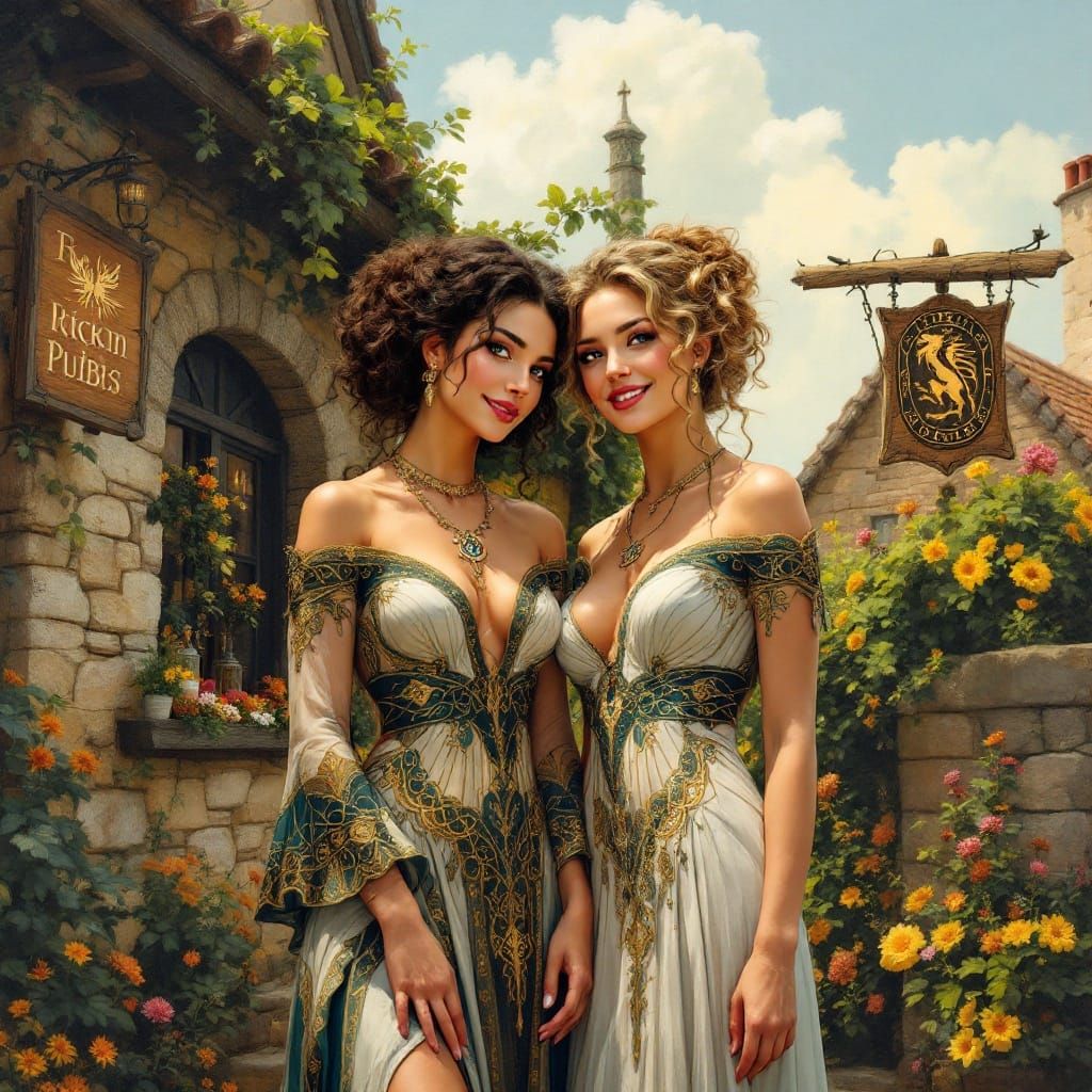 Surreal Celtic Goddesses Outside Whimsical Pub in Art Nouvea...