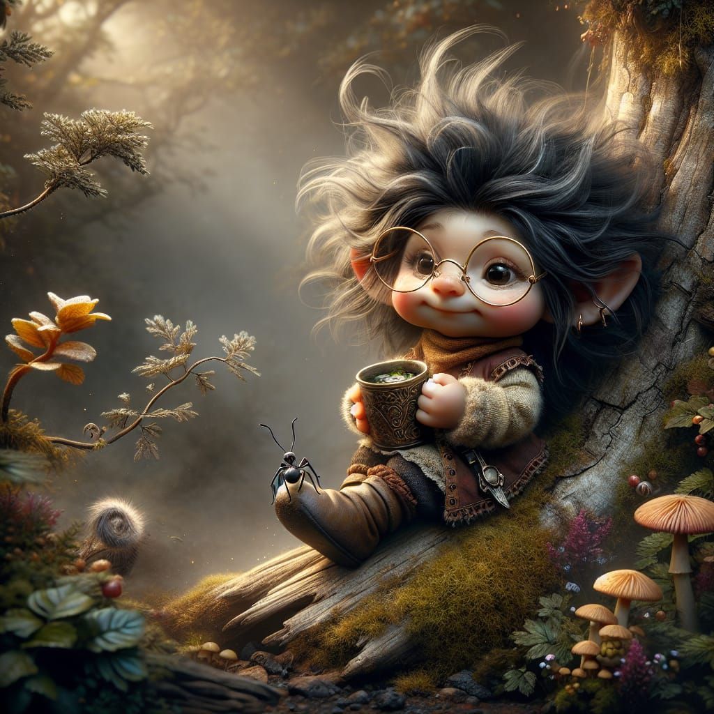 little female gnome, with a mug and an ant