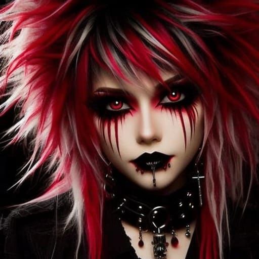 Gothic Punk Anime Girl with Vivid Crimson Hair and Moody Bac...