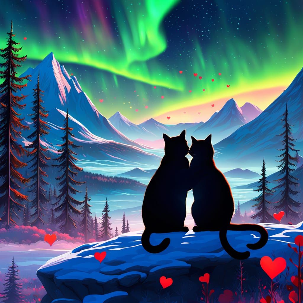 Fantastical Feline Embrace in Whimsical Twilight Landscape