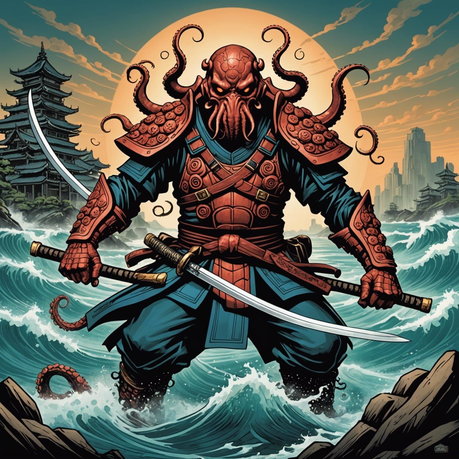 Octopus Samurai in Comic Book Art Style