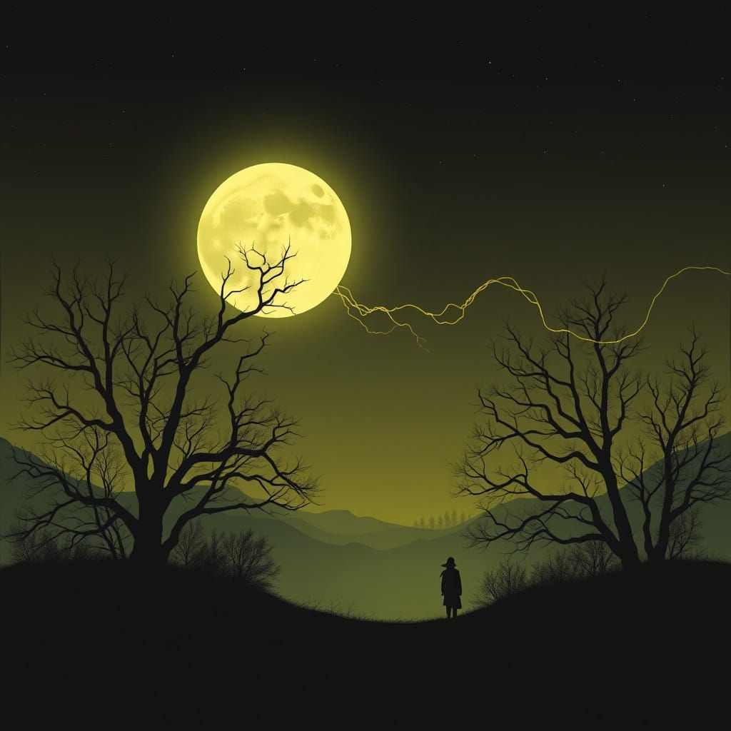 Mysterious Figure Under Moonlit Skies