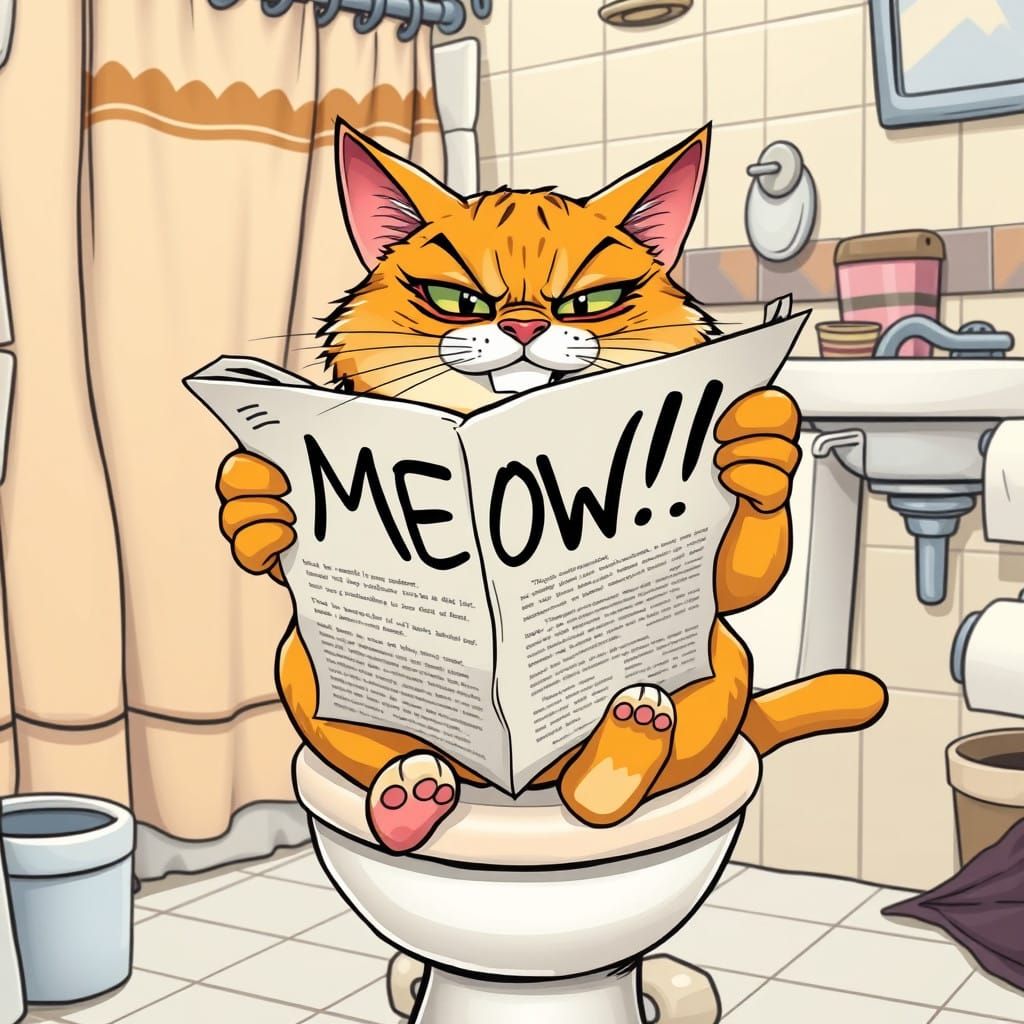 Mischievous Cat Reads Newspaper on Toilet in Humorous Bathro...