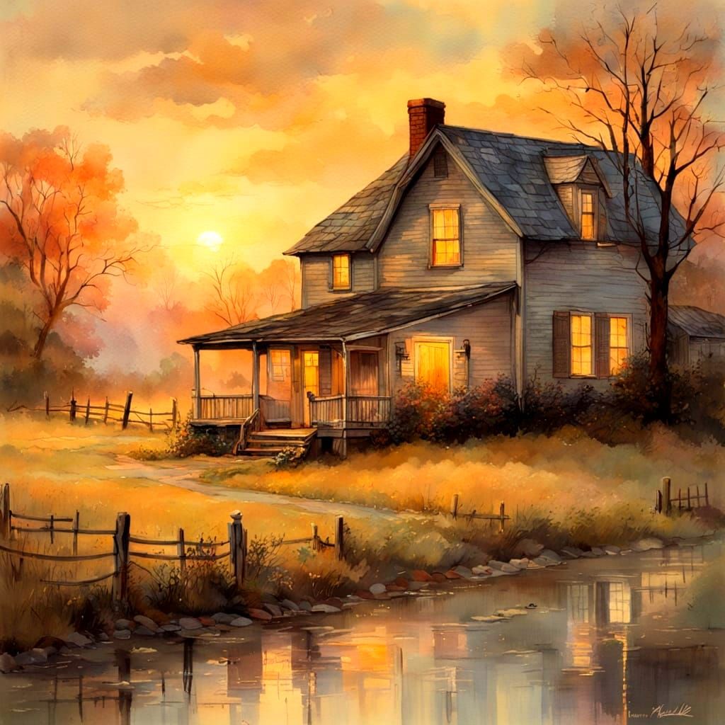 Ethereal Farmhouse Scene in Warm Pastel Hues