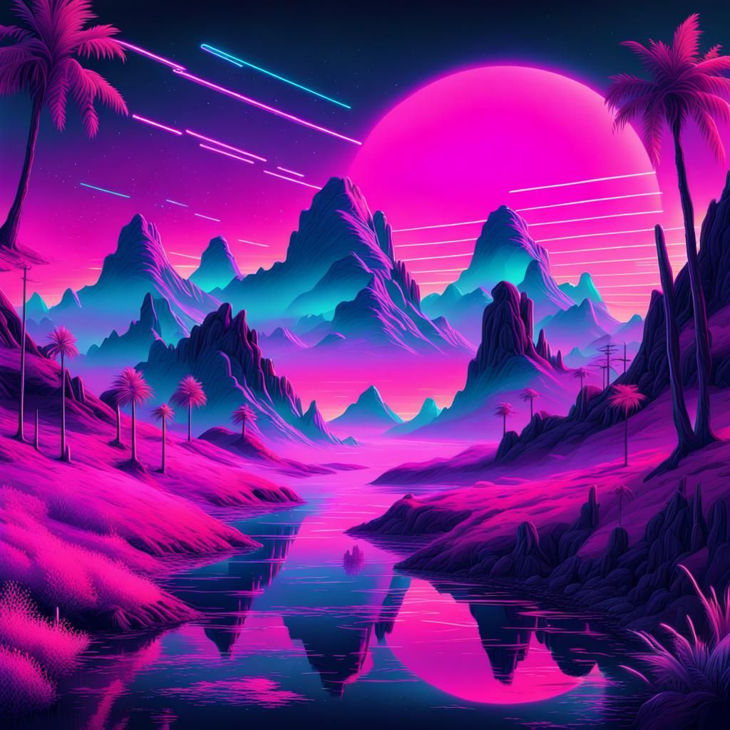 Dreamy Surreal Landscape in Synthwave Style