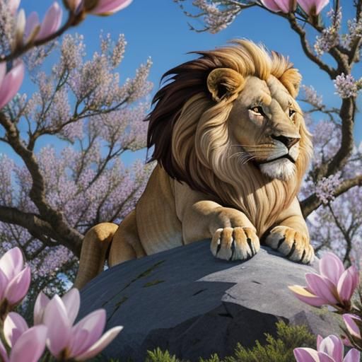 Lion Resting by Lavender Magnolia Tree