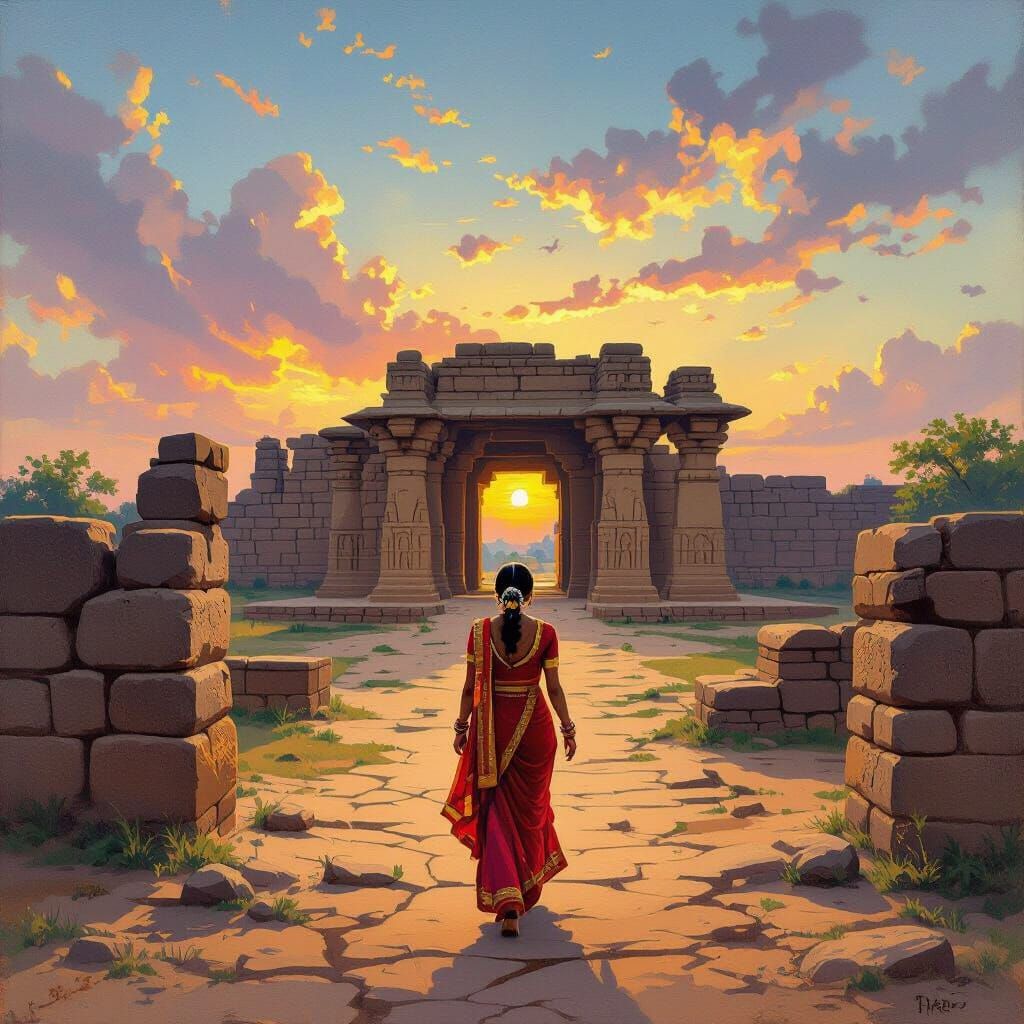 Woman Walks to Rachakonda Fort in Traditional Indian Style