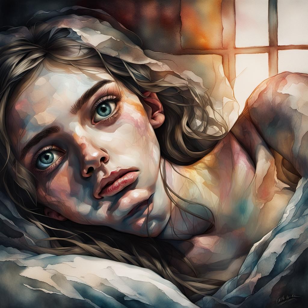 Glitch Art of Woman in Bed with Dramatic Lighting