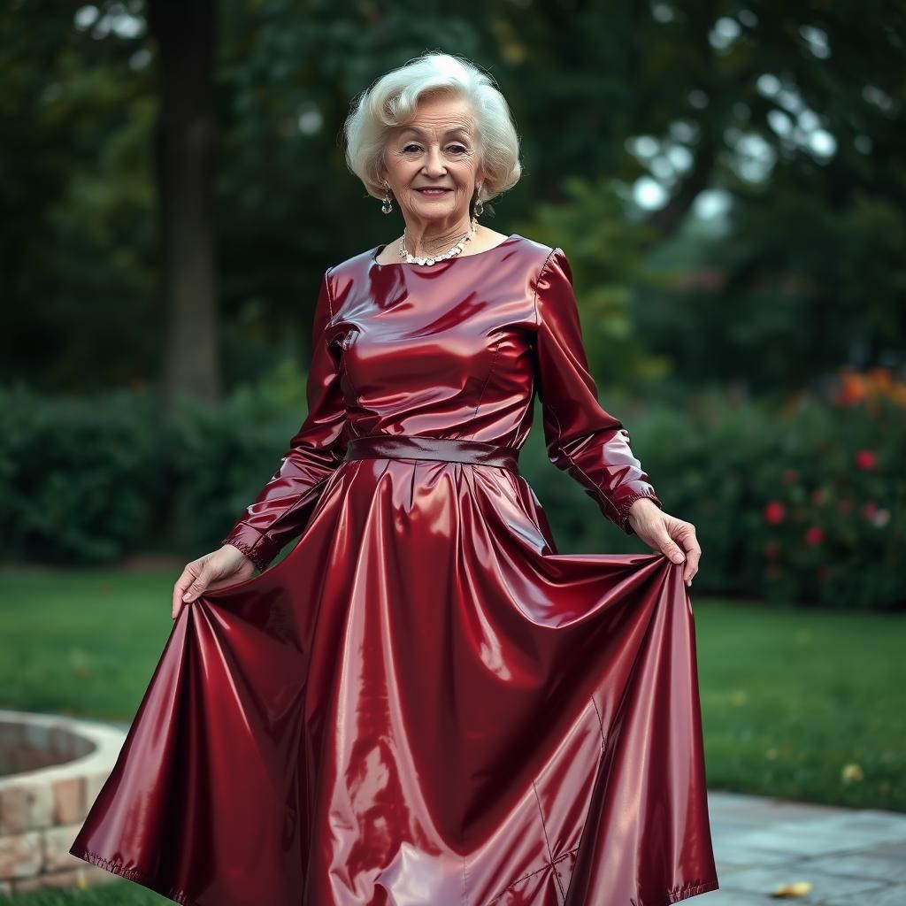 Blonde Woman in Shiny Latex Dress Outdoors