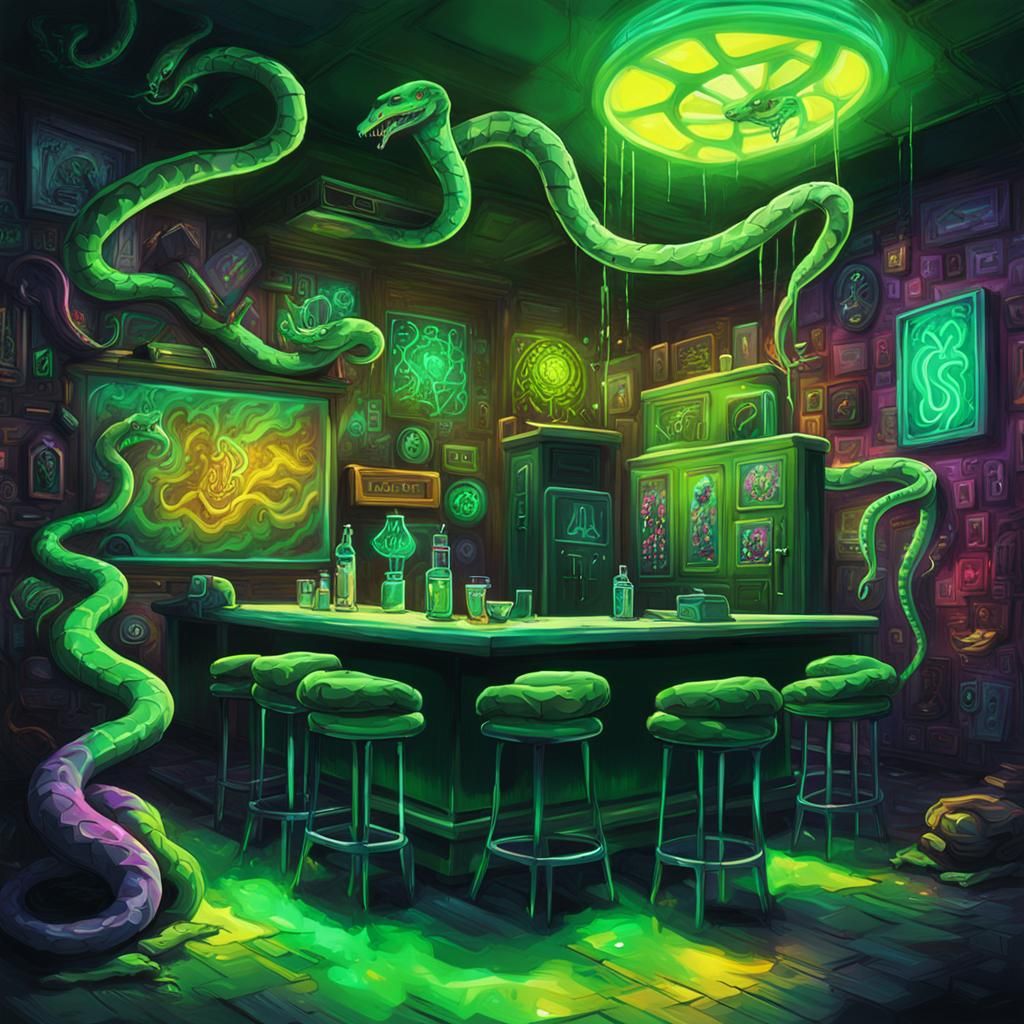 Slytherin Common Room with Bioluminescent Snakes in Graffiti...