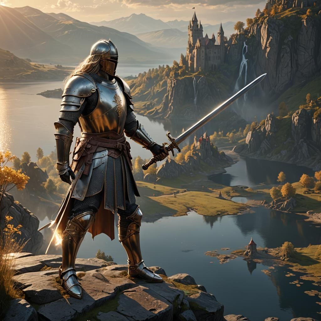 Heroic Knight Overlooking Lake in High-Fantasy 3D