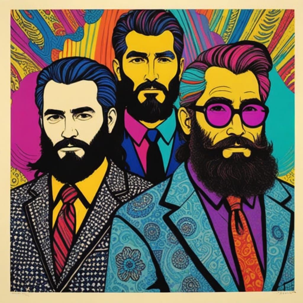 An Alan Katz inspired lithograph of 3 bearded men.
