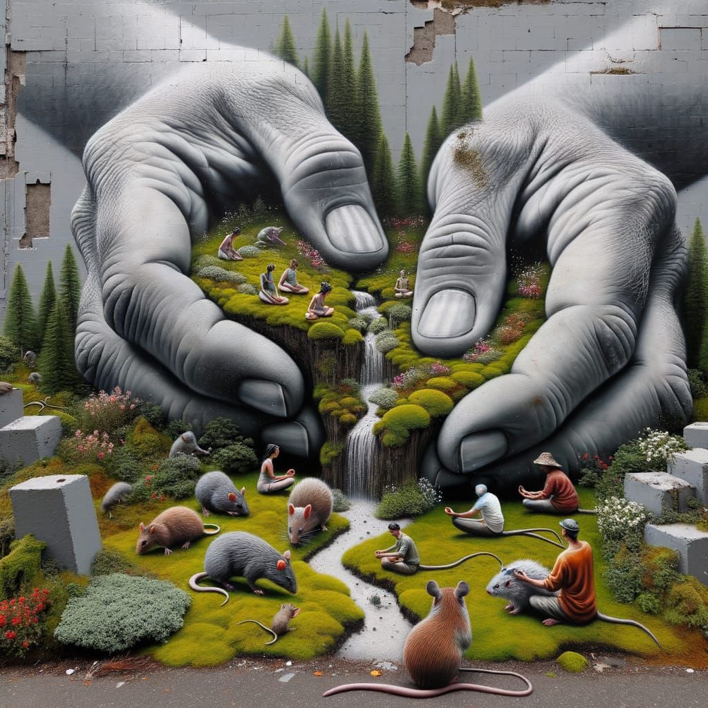 Giant Hands Hold Peaceful Garden with Yoga People and Rats