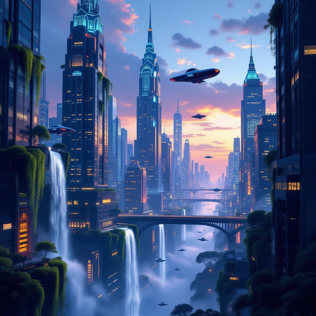 Art Deco Cityscape with Vertical Gardens and Flying Cars