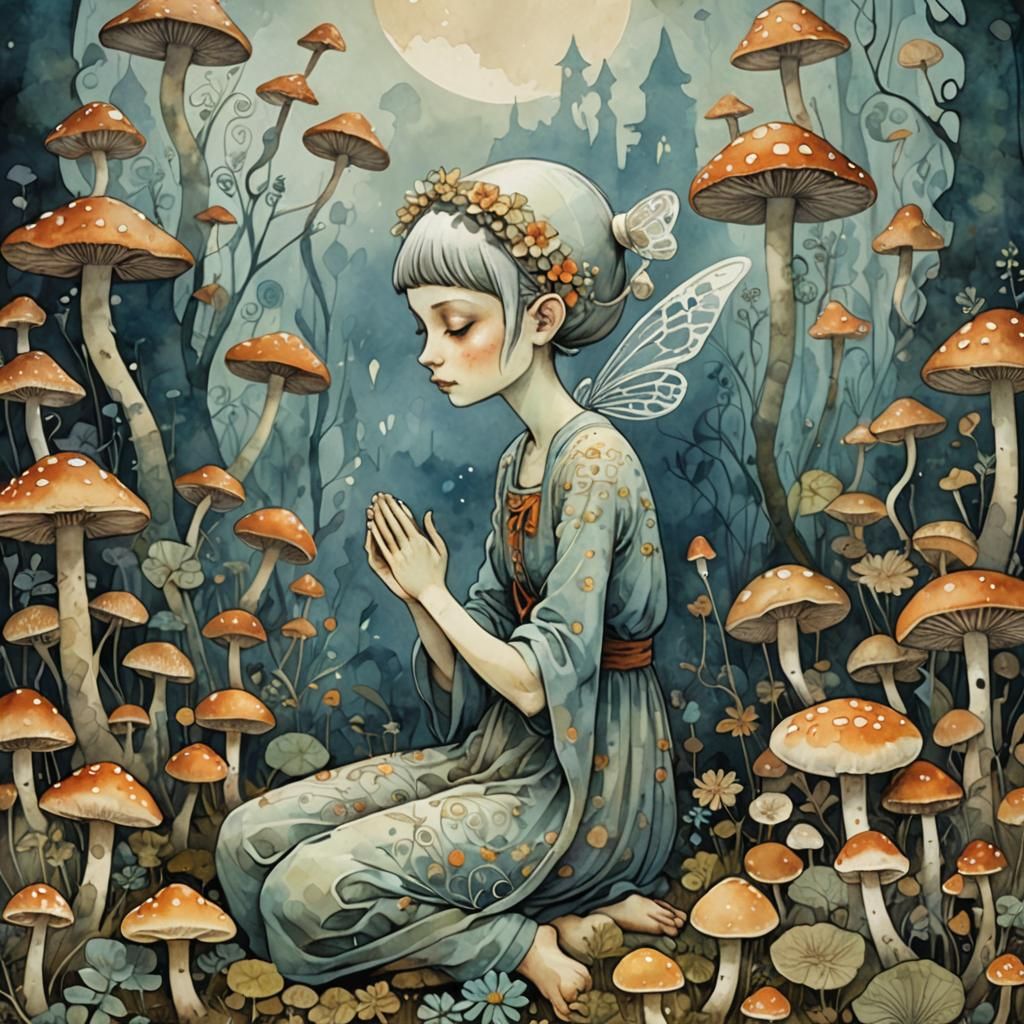 Praying Pixie-Woman with Mushroom Background