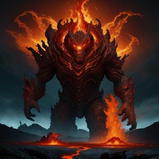 Fiery Lava Colossus in Volcanic Landscape