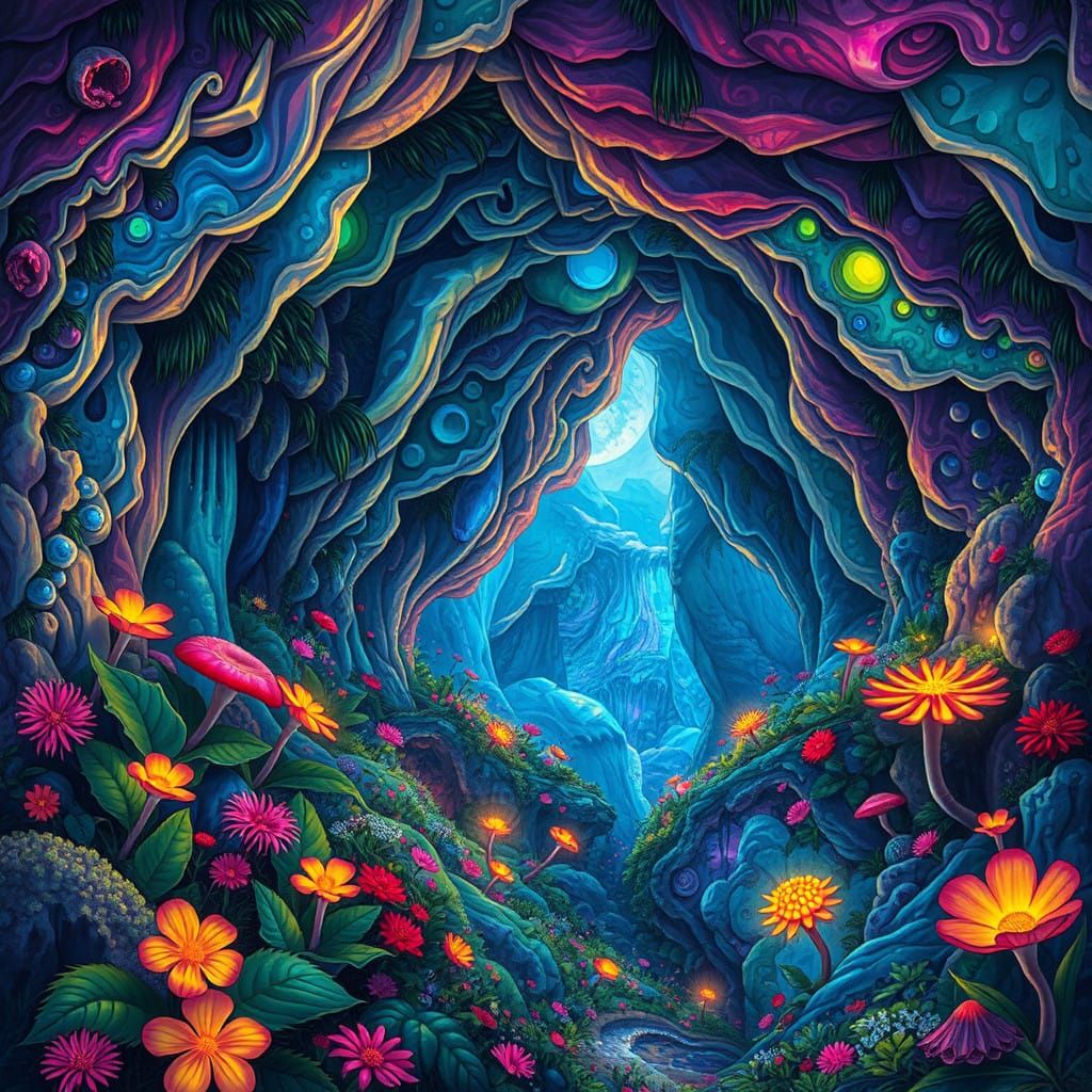 Vibrant Iridescent Cave in Whimsical Landscape Style