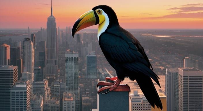 Vibrant Toucan Amidst a Warm Sunset Skyline