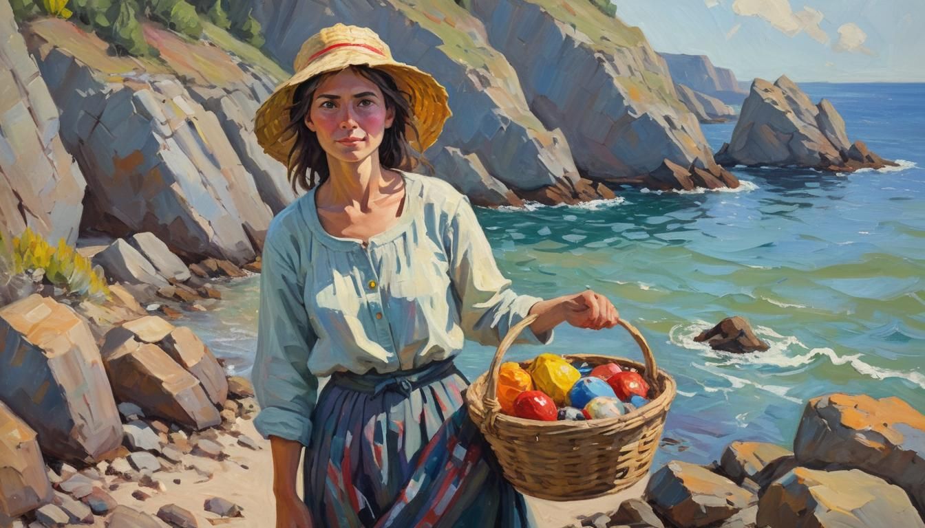 Fauvist Woman with Basket at Rocky Coast