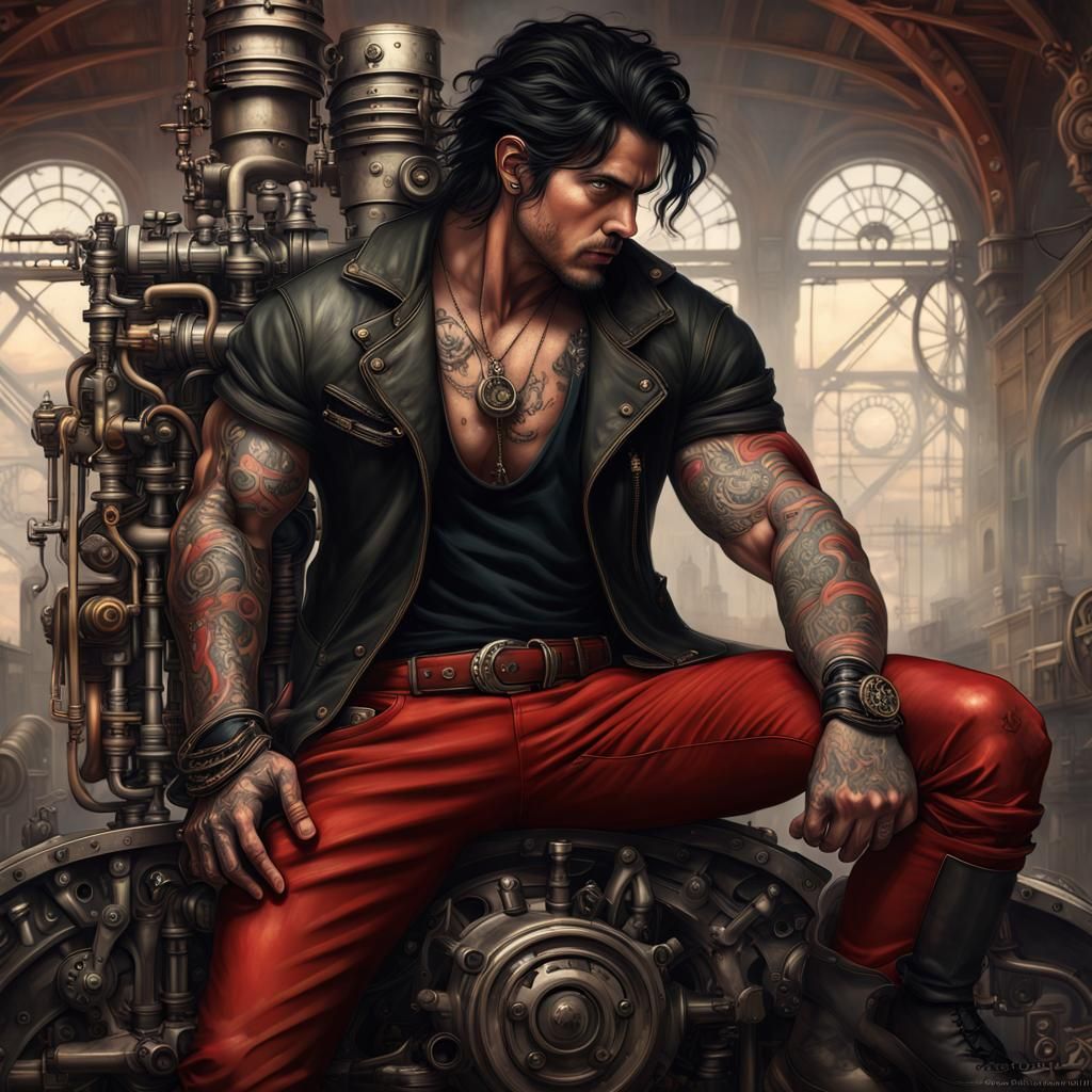 Steampunk Man with Tattoos and Engine