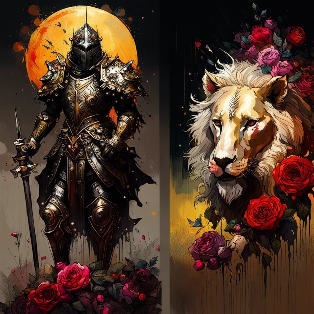 Knight on Lion in Rose Field, Gouache Style