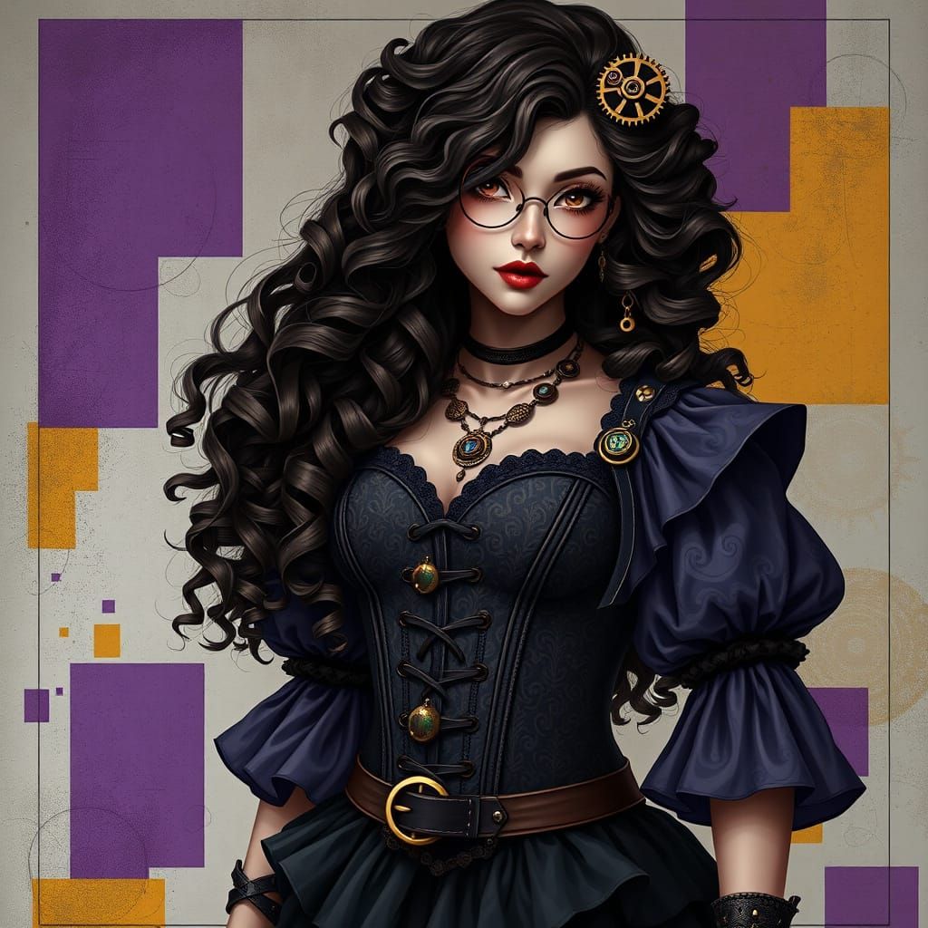 woman with fair skin and long hair cascading over one eye. She has a sophisticated steampunk look. She is wearing a cors...
