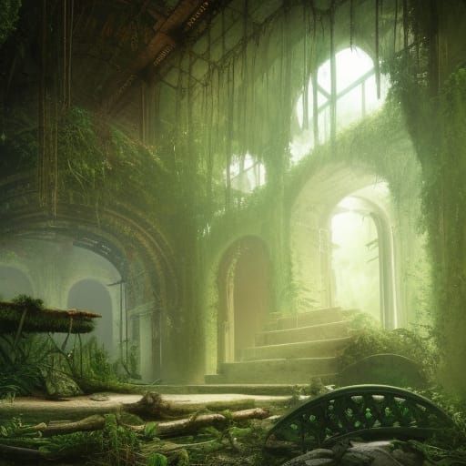 Lush Jungle Envelops Abandoned Temple in Detailed Matte Pain...