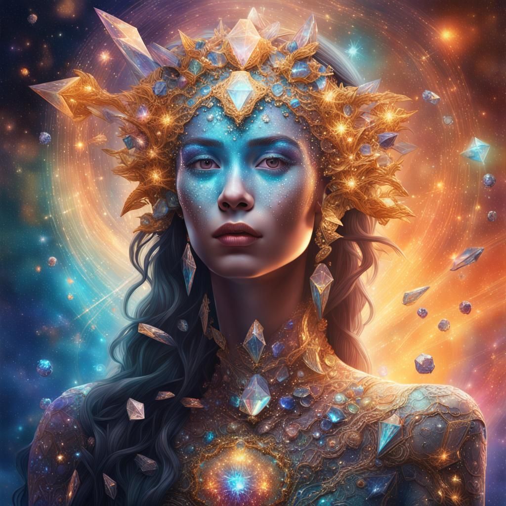 Crystal Lady Emerges from Cosmic Stars: Digital Art