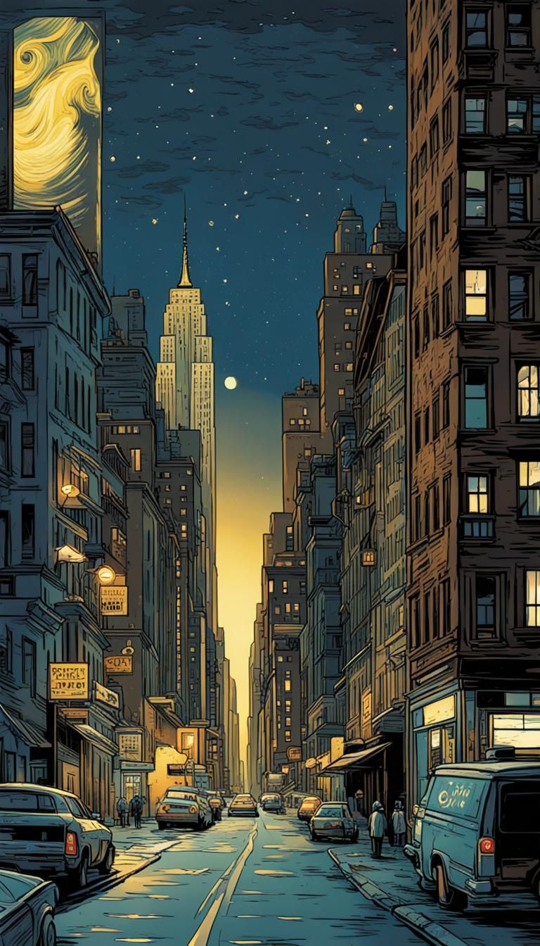 New York Starry Night Minimalist Comic Art
