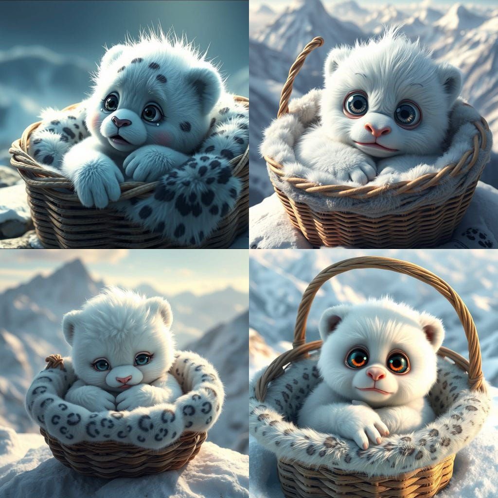Crying Baby Yeti in Snow Leopard Lined Basket