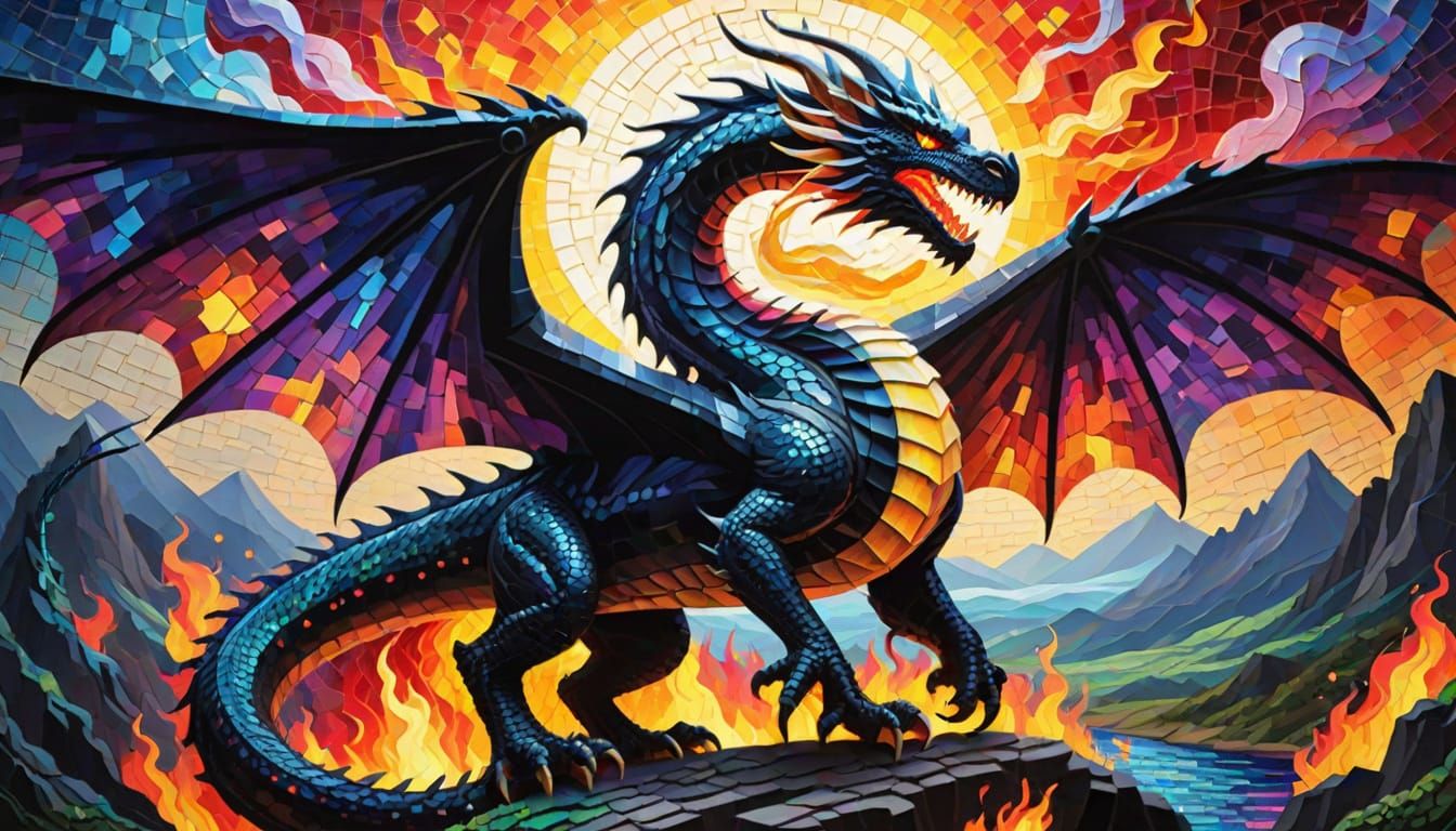 Vibrant Mosaic Fantasy Dragon Set Against a Mythical Landsca...