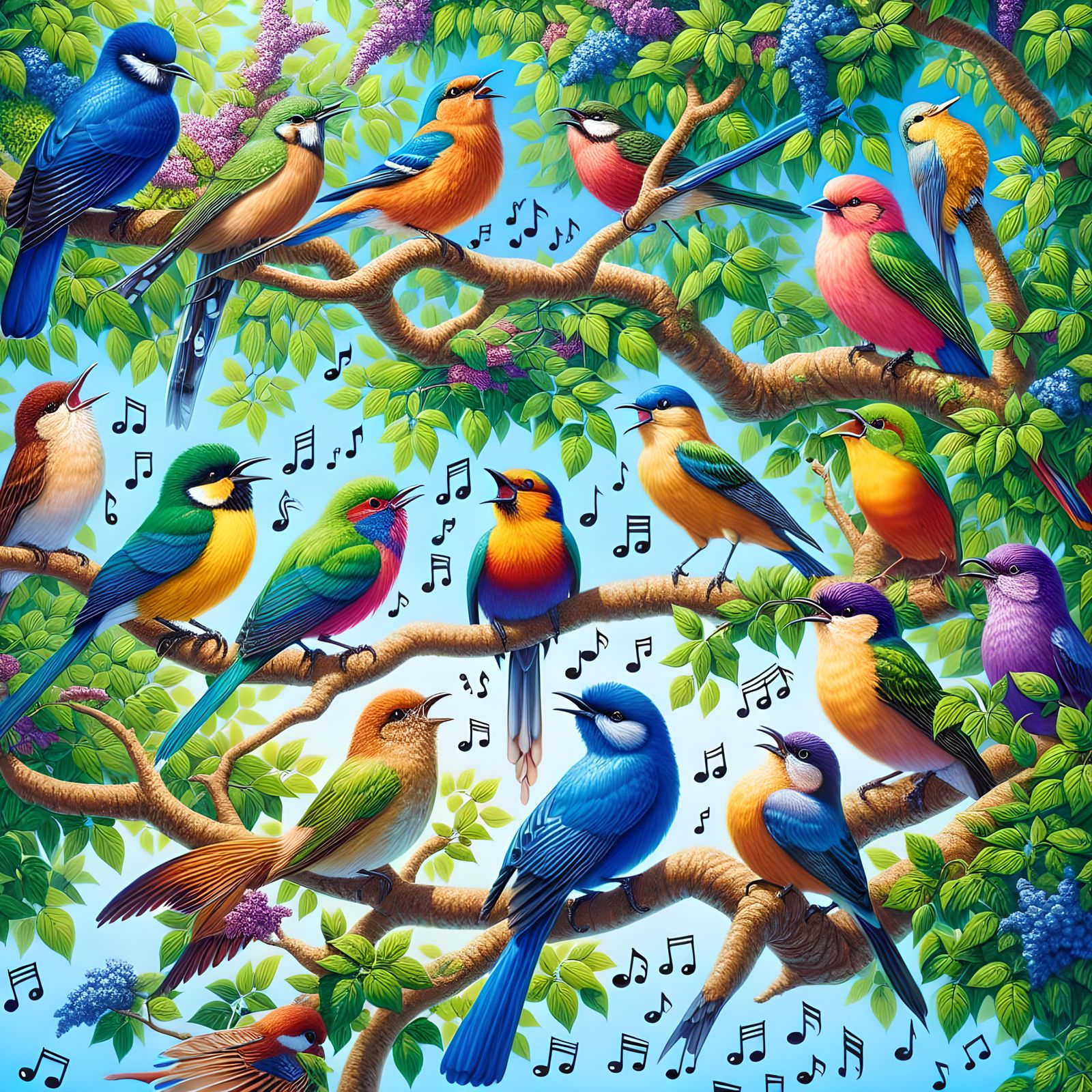 Colorful Birds Singing in a Lush Tree