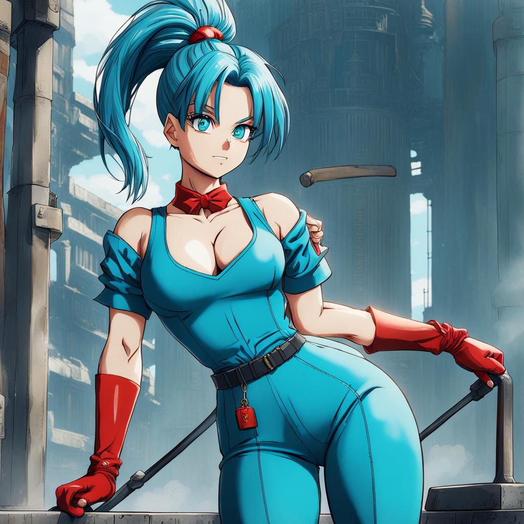 Bulma in Tan Jumpsuit: Detailed Fantasy Concept Art