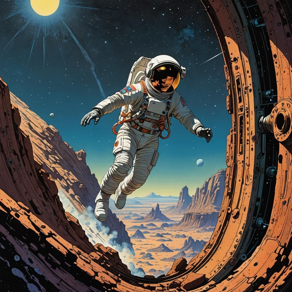 Retro Astronaut Leaps to Alien Planet in Line Art