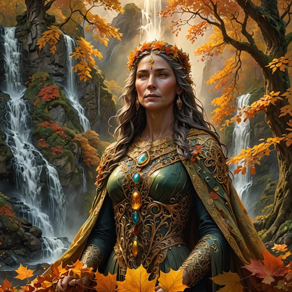 Majestic Earth Mother at Waterfall in Golden Light