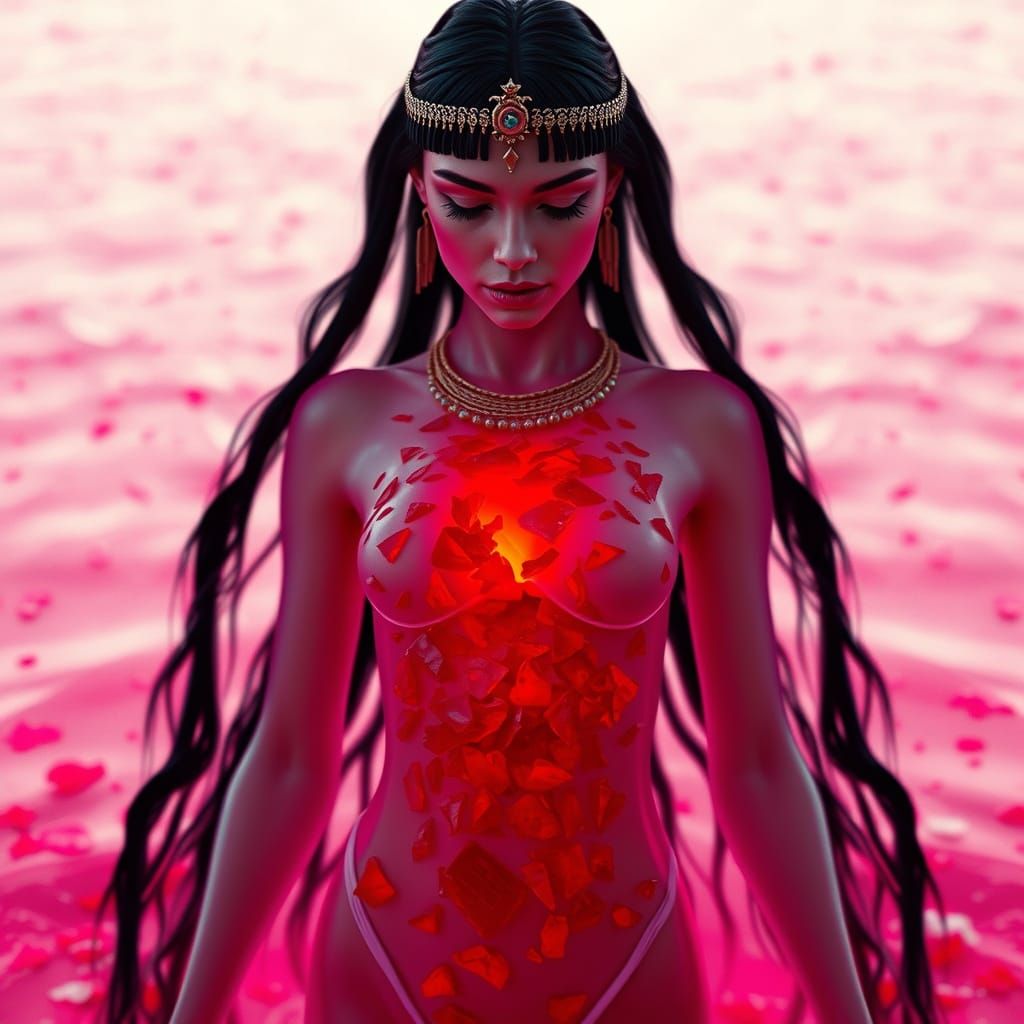 Translucent Egyptian Queen in Red Ocean, Cinematic Style