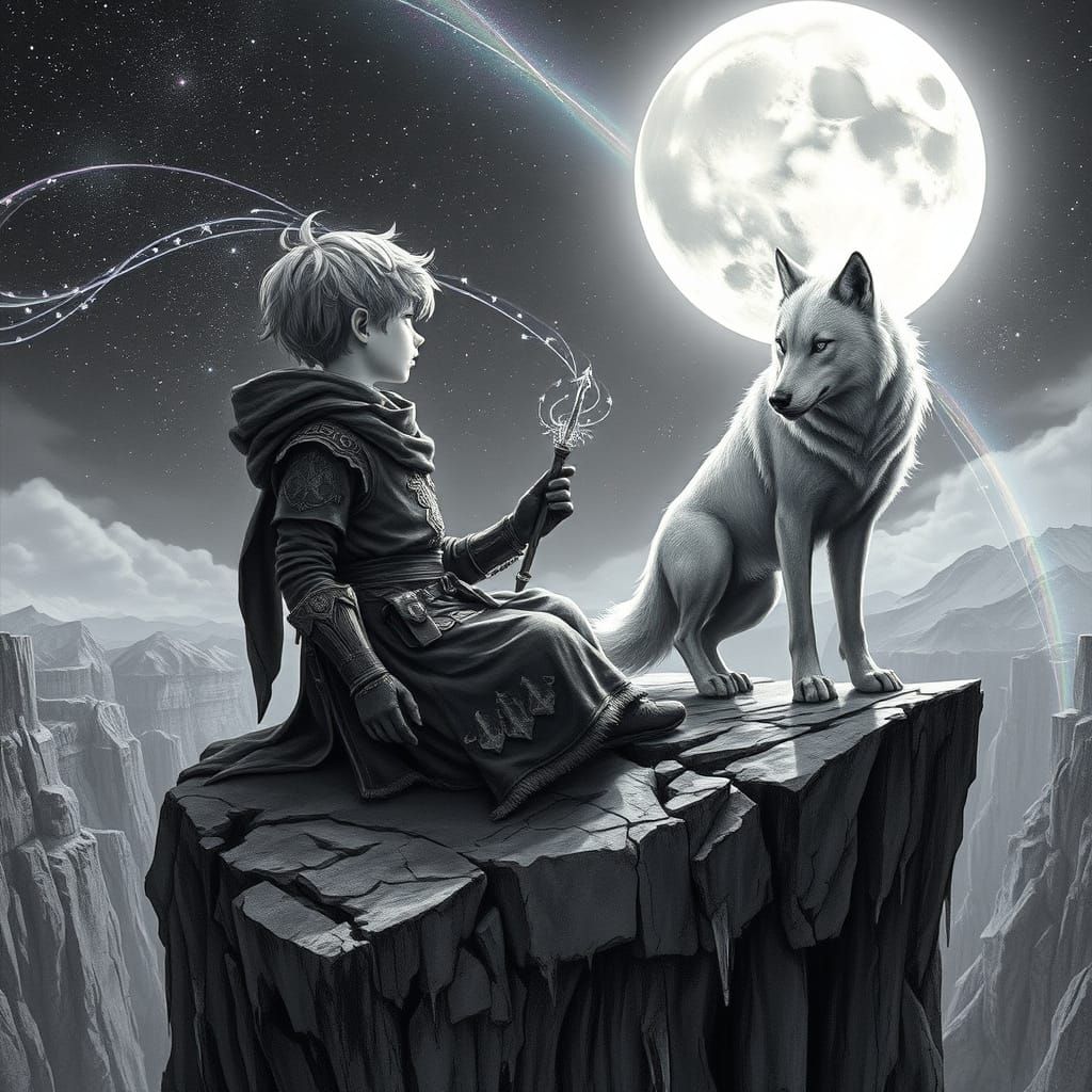 Ethereal Starlight Wanderer Sits Beside Spirit-Wolf in Cosmi...