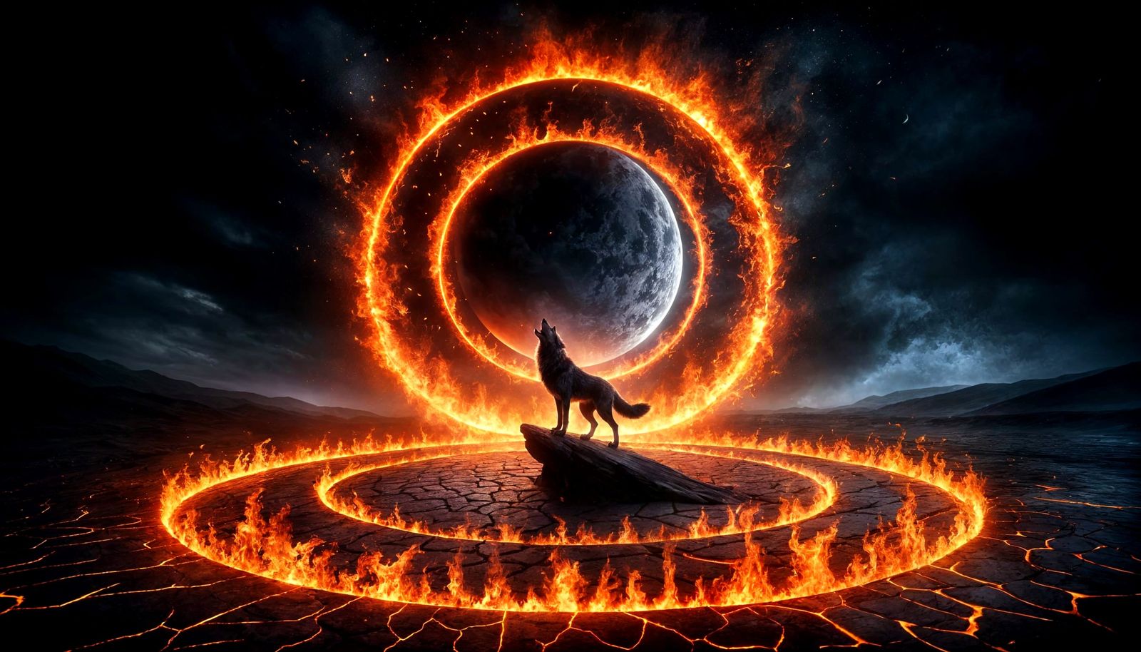 Lone Wolf Howling in a Ring of Fire