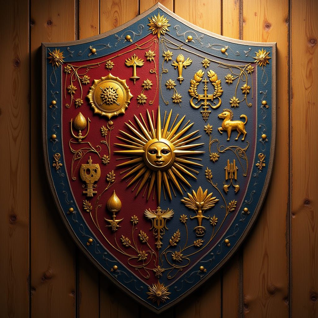 A knight's shield with colorful patterns representing their ...