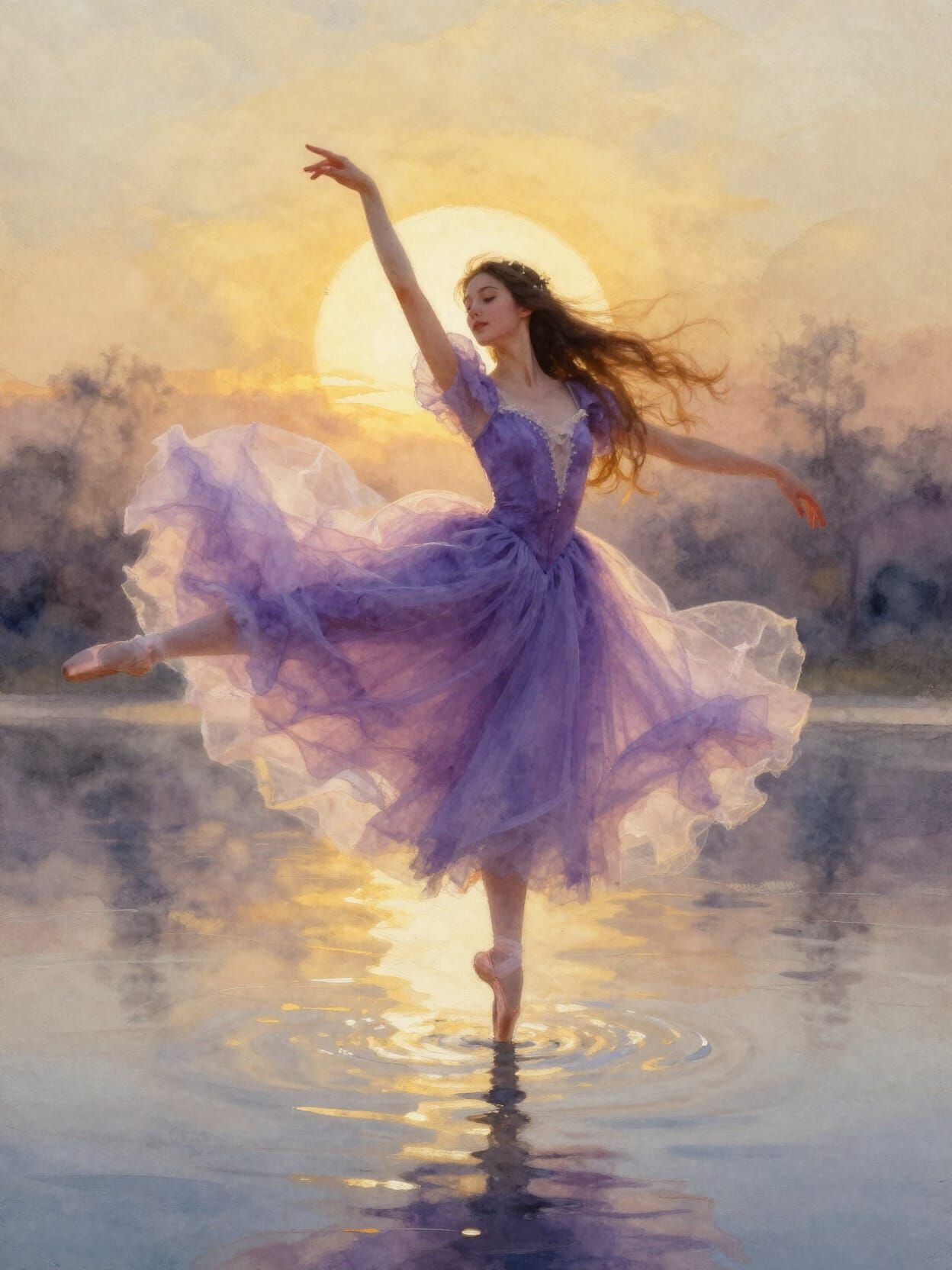 Ballet Dancer in Purple Dress at Golden Hour