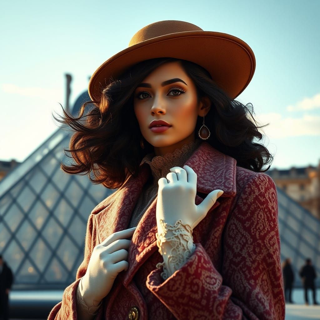 Glamorous Woman in Luxury Woollen Ensemble in Front of the L...