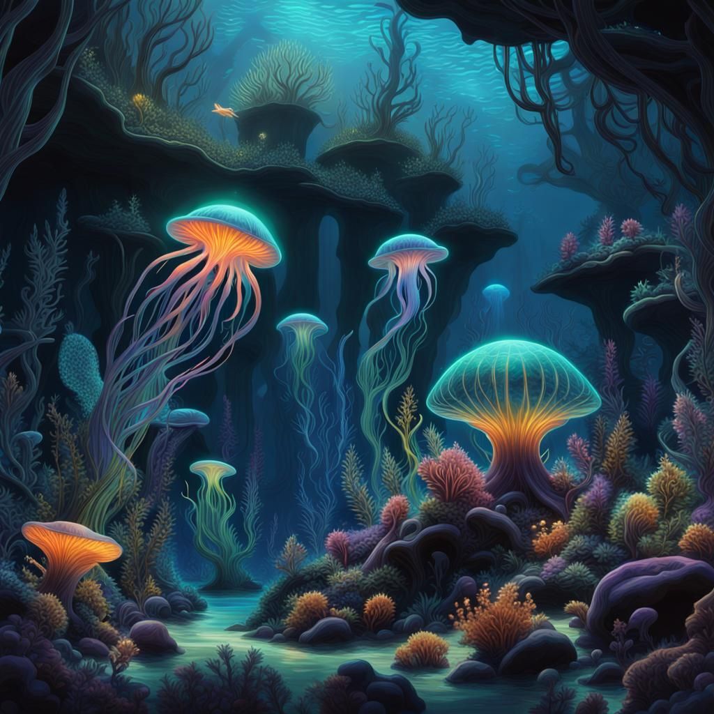 Bioluminescent Sea Forest: Holographic Astral Illustration