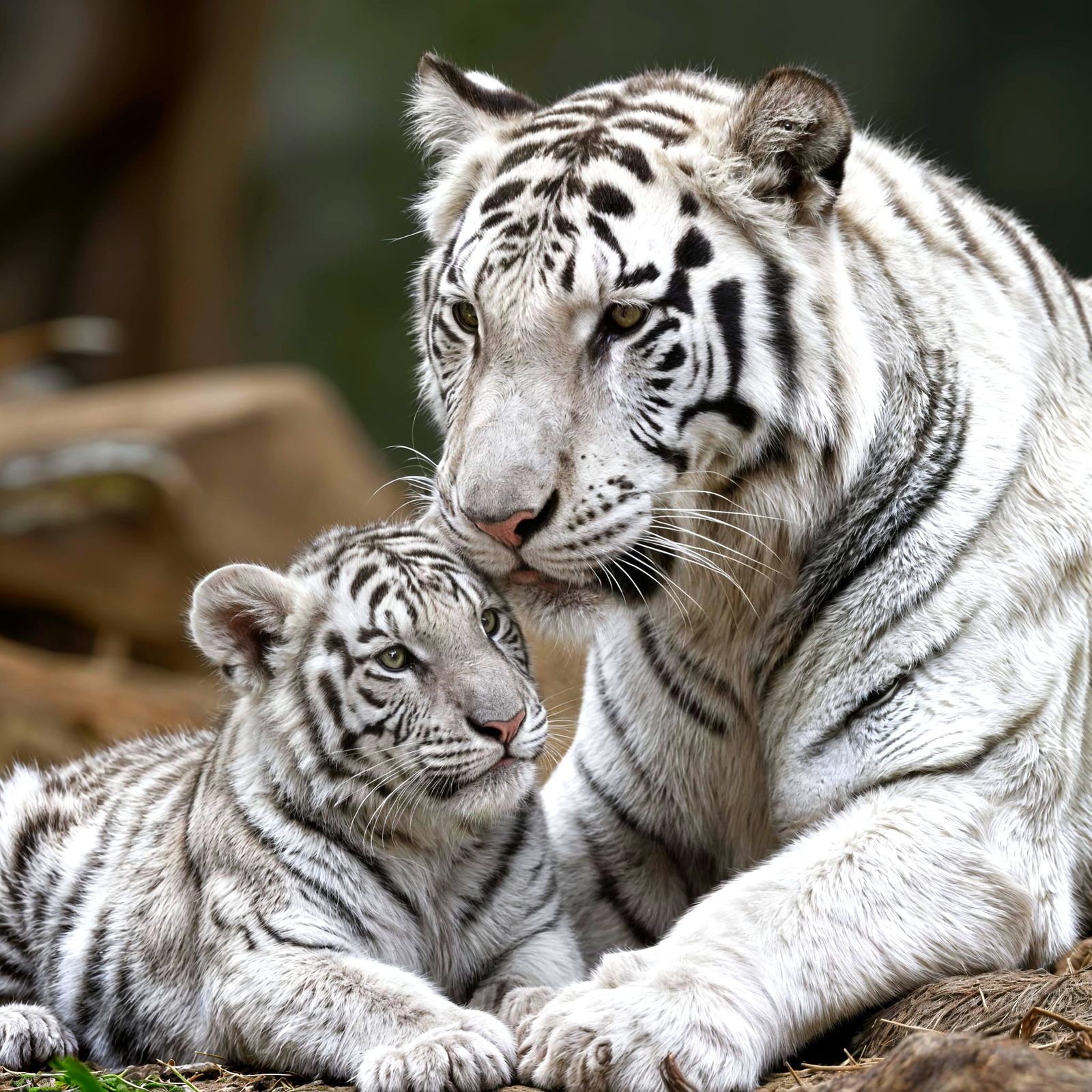 White Tiger Mother Comforts Cub in Photorealistic Style
