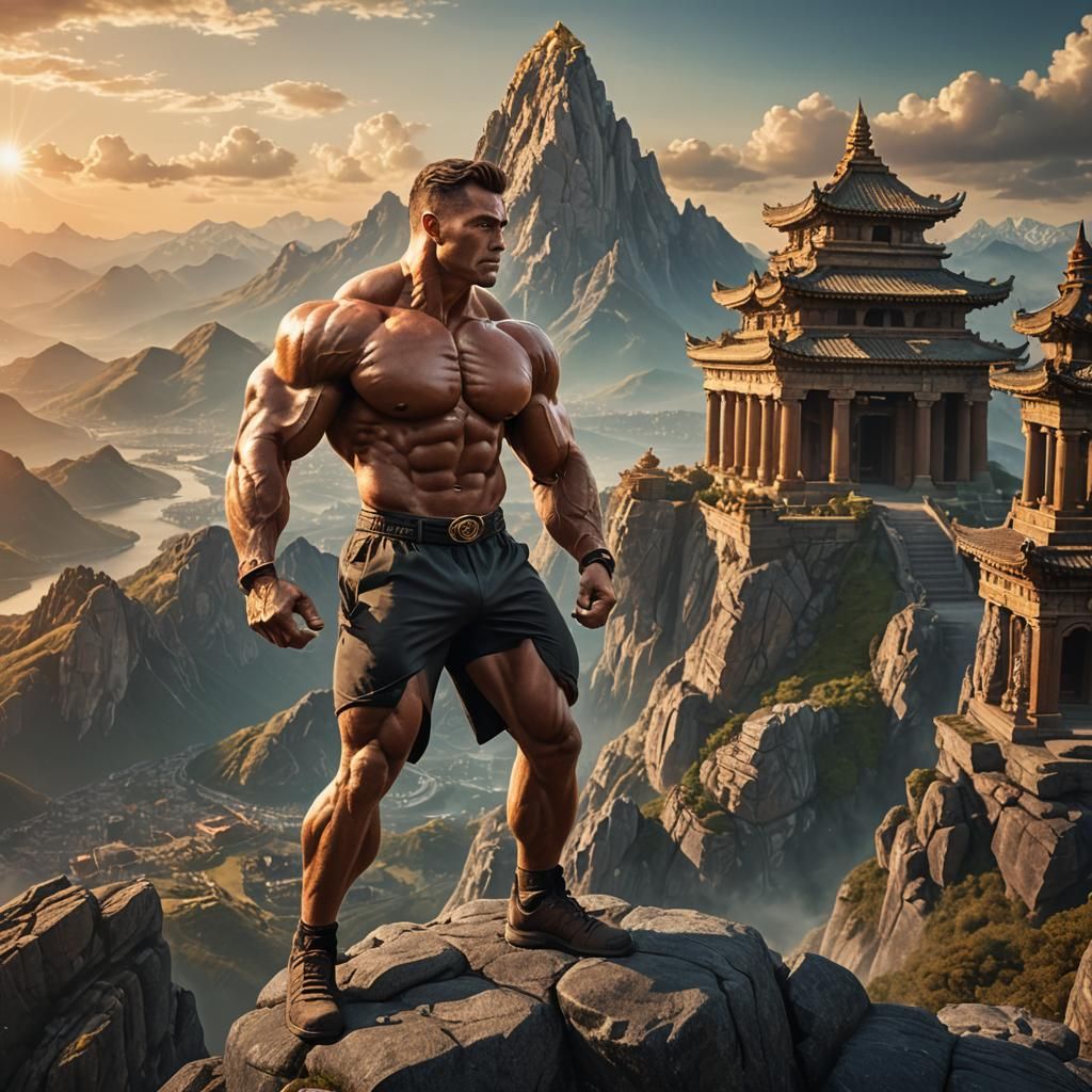 Muscular Bodybuilder Posing at Ancient Temple