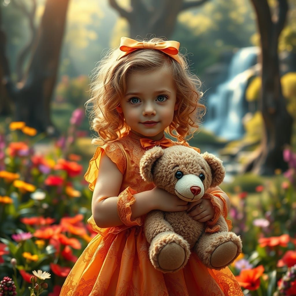 Whimsical Fantasy Garden Scene with Young Girl and Teddy Bea...